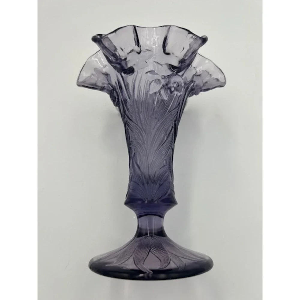 Fenton Purple Amethyst Glass Embossed Daffodils 7in Vase Double Crimp Ruffle Rim